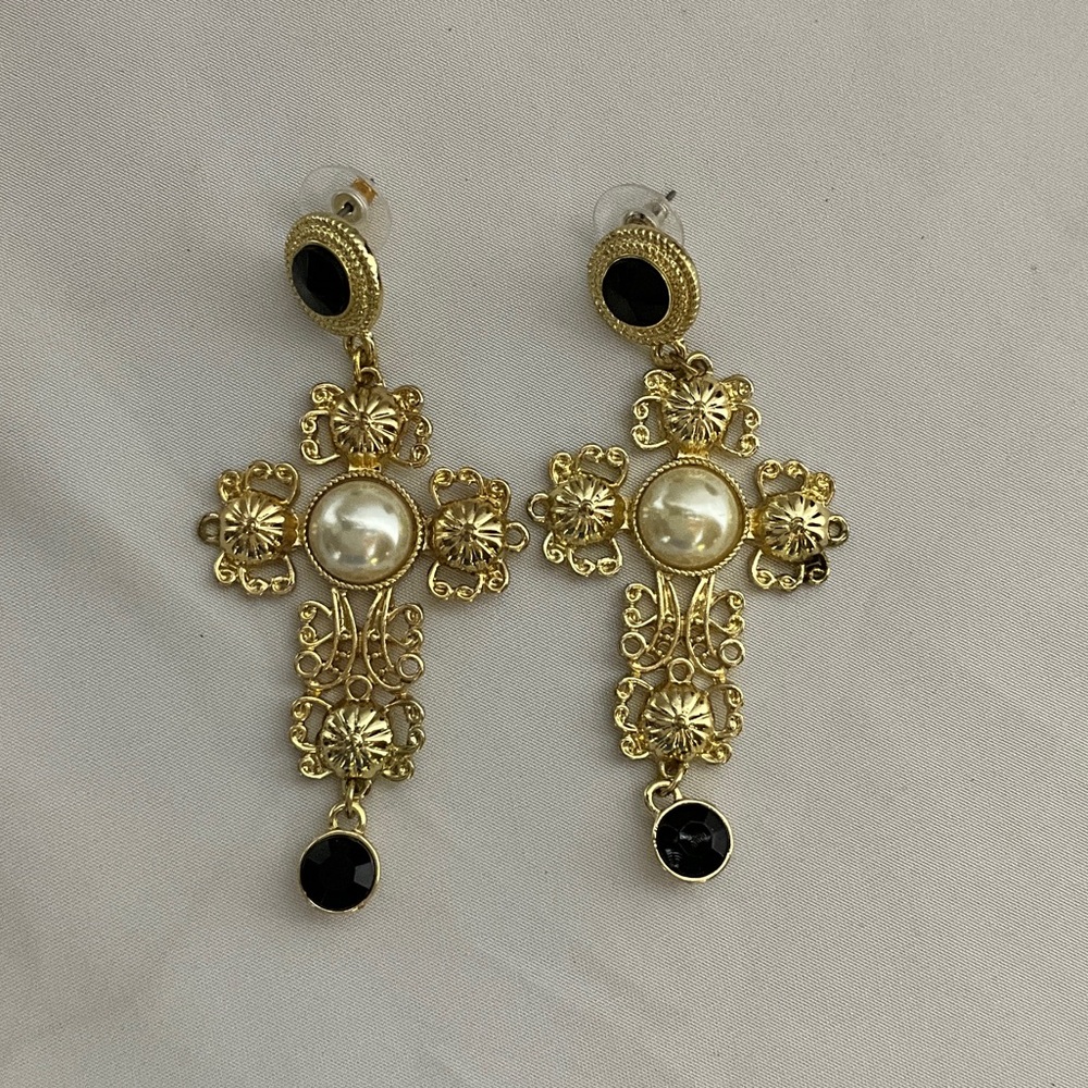 Ornate Gold, Black & Pearl Cross Earrings
